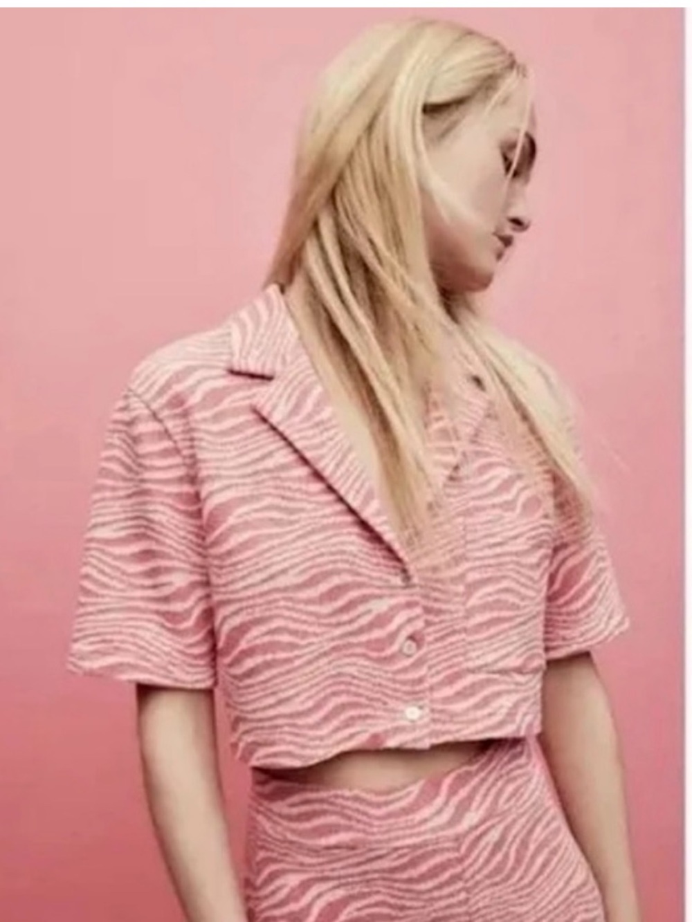 Zara Women's Button pink zebra jacquard print top.